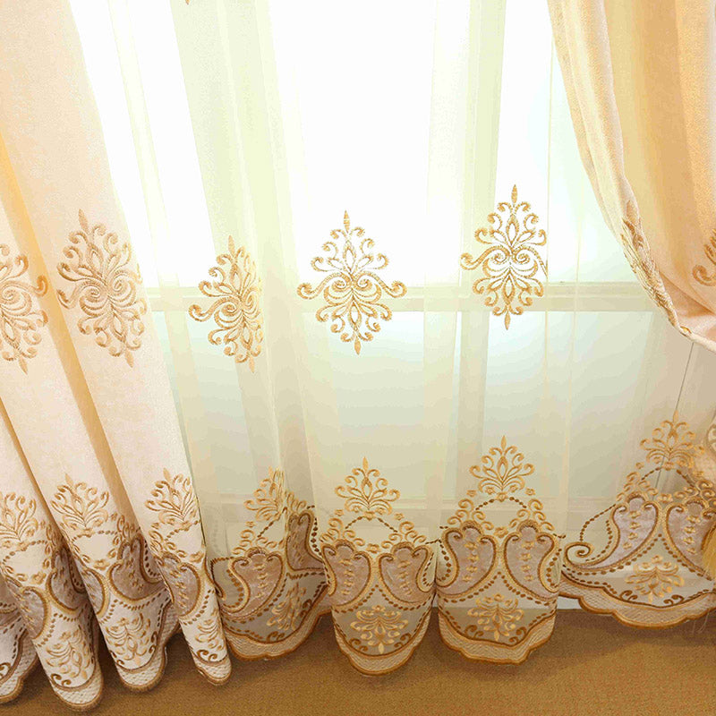 Beige Embroidery Blackout Curtains Sun Light Blocking Window Curtains Floral Sheer 2 Panels Custom Grommet Curtains For Living Room Bedroom