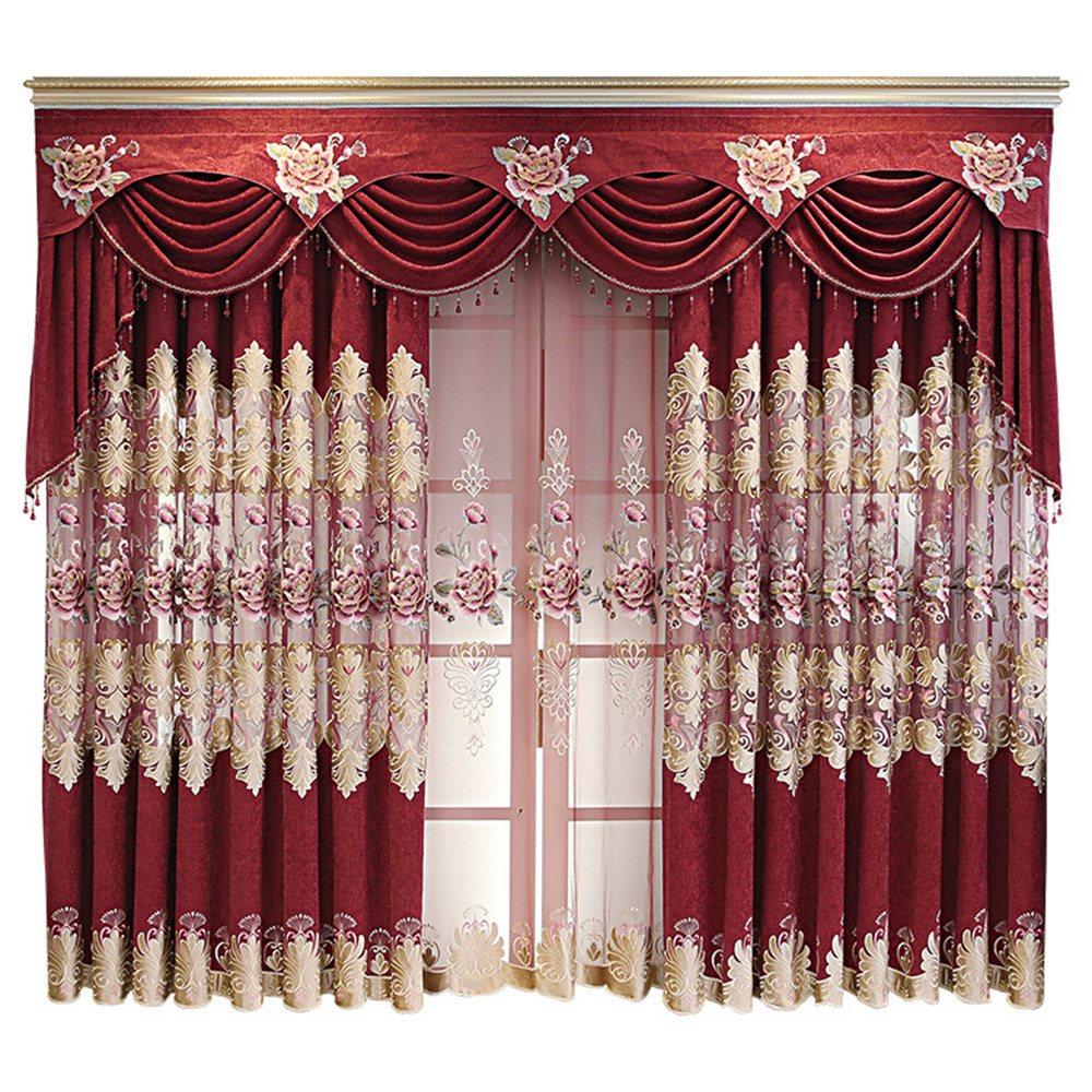 European Red Embroidery Hollowed-out Shading Curtains and Sheer for Living Room Bedroom Decoration High-end Floral Curtains Custom 2 Panels Drapes Chenille