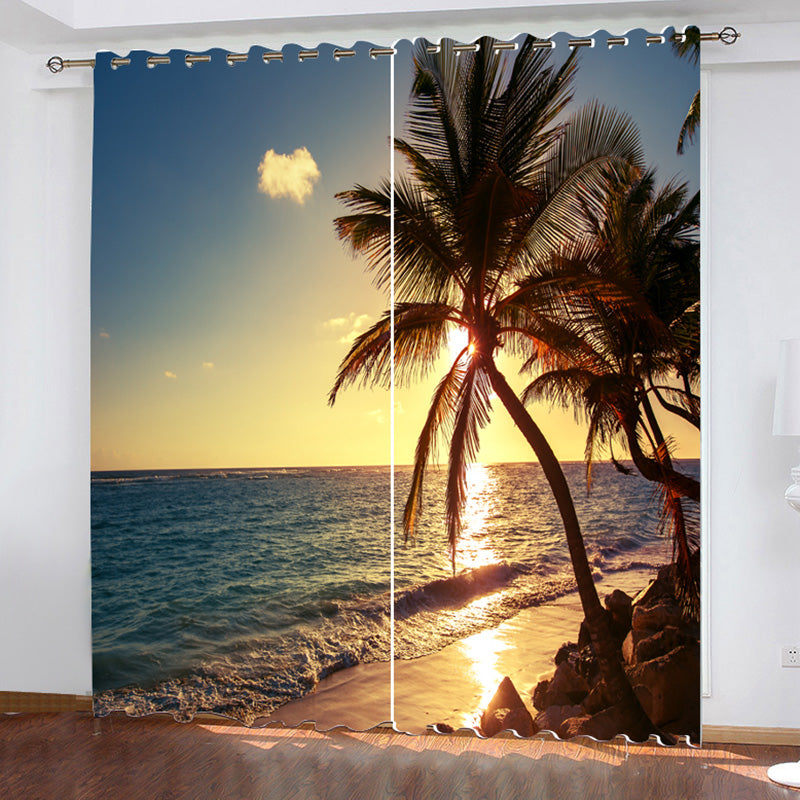 3D Sunset Beach Landscape Window Curtains Digital Printing Modern Polyester Blackout Water-proof Decorative Curtain