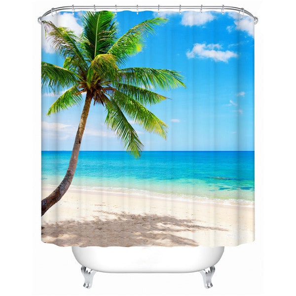 3D Beach and Coconut Tree Printed Polyester Bathroom Shower Curtain