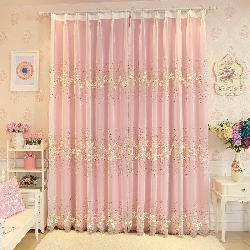 Rustic Window Curtains Floral Embroidery Sheer and Pink Cloth Sewing Together Curtain Sets