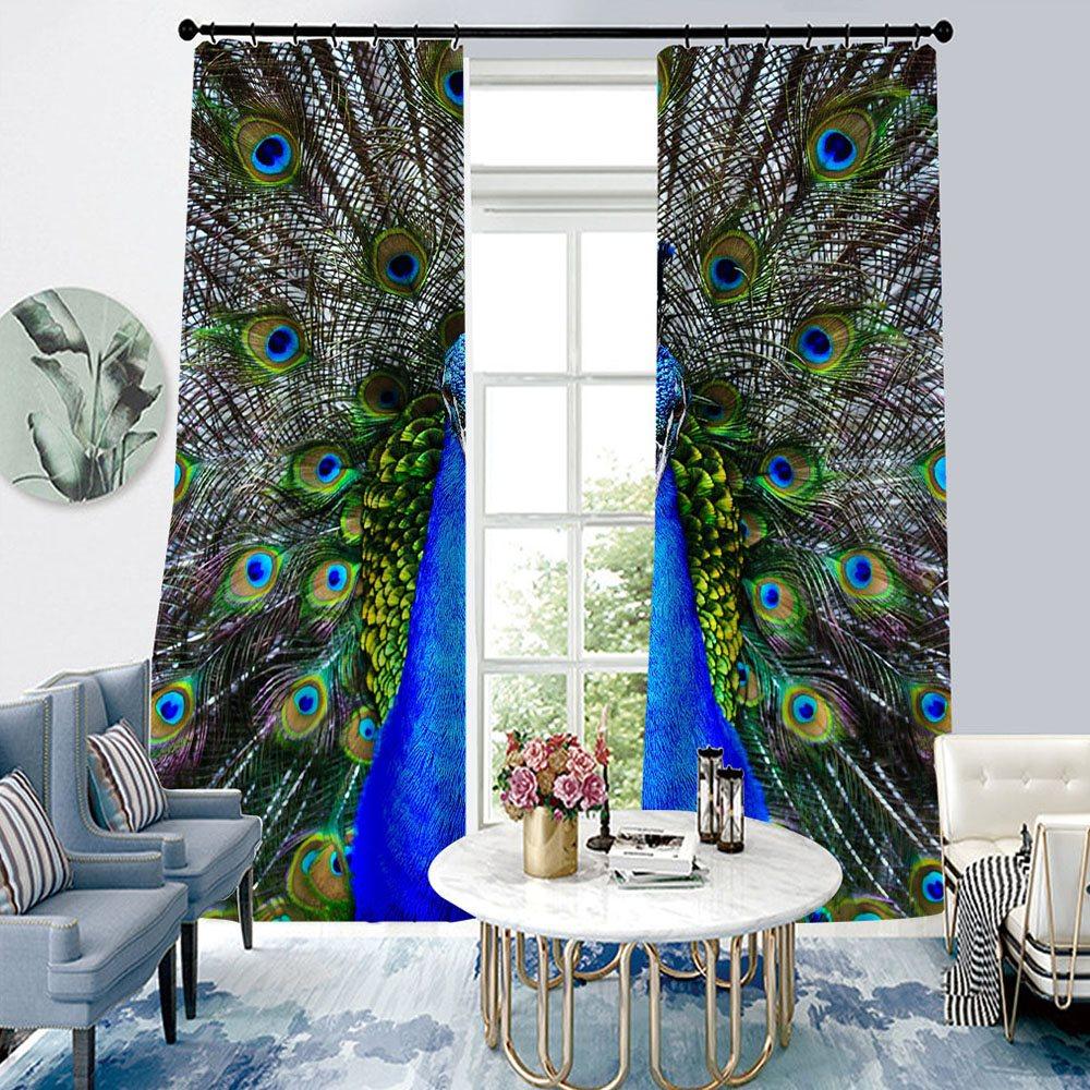 3D Print Peacock Window Curtains Polyester Modern Blue Blackout Custom 2 Panels Drapes for Living Room Bedroom No Pilling No Fading No off-lining