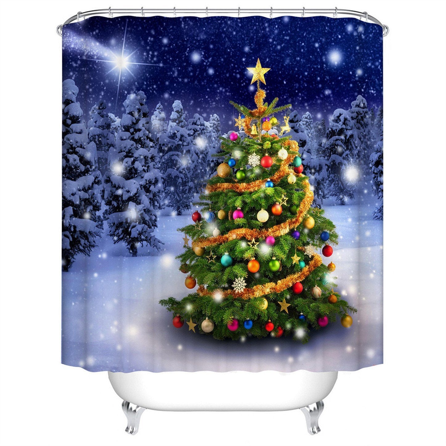 Christmas Tree 3D Shower Curtain Blue Bathroom Partition Curtain Durable Waterproof Mildew Proof