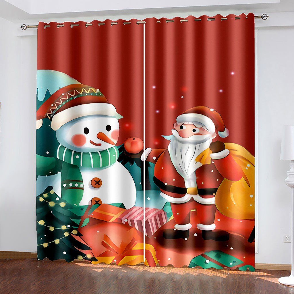 Red Christmas 3D Curtains Xmas Santa Claus and the Snowman Print Living Room Bedroom Window Drapes 2 Panel Set